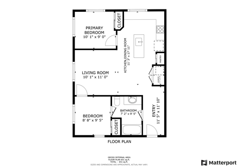 Floor plan for 2 beds, 1 bath, 690 sqft